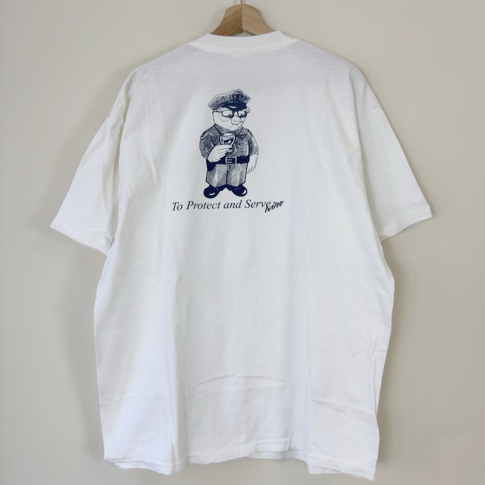 Vintage 90s Thirsty Owl Wine Company Funny Bird Art White Tee Shirt - XL